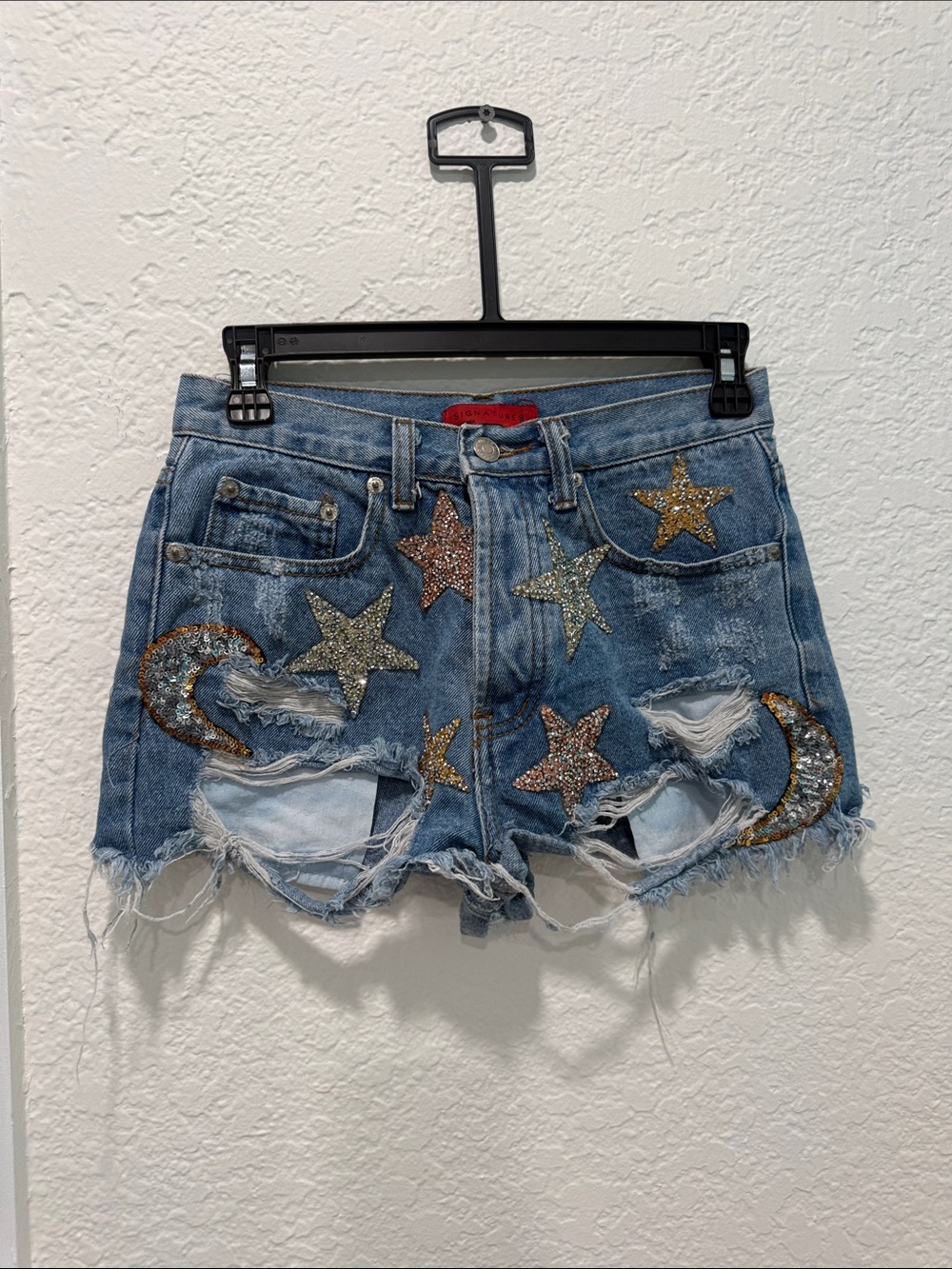 Signature8 Blue Distressed Denim Shorts with Sequin Stars & Moons
